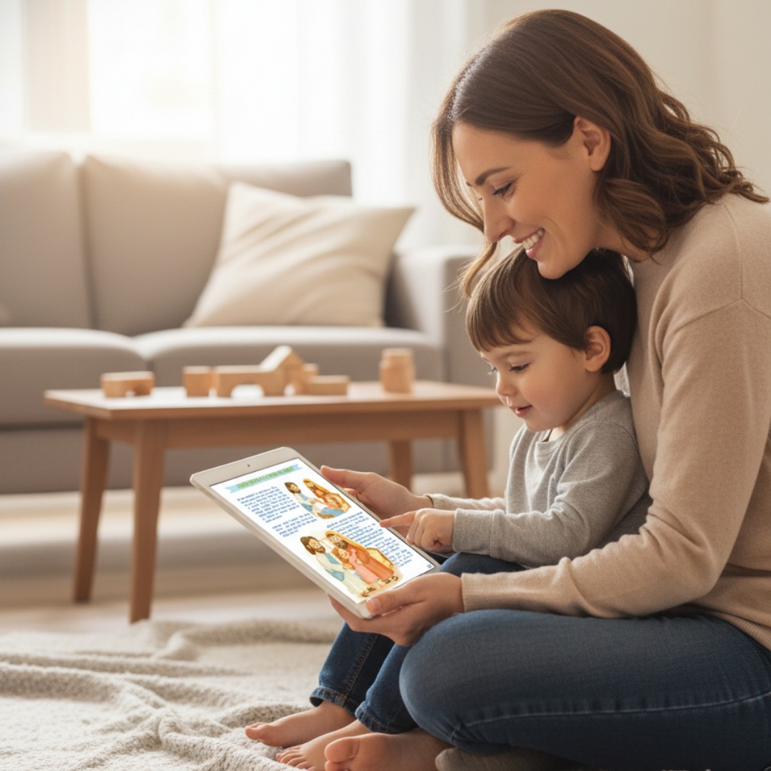 Mamá leyendo el libro digital con su hijo